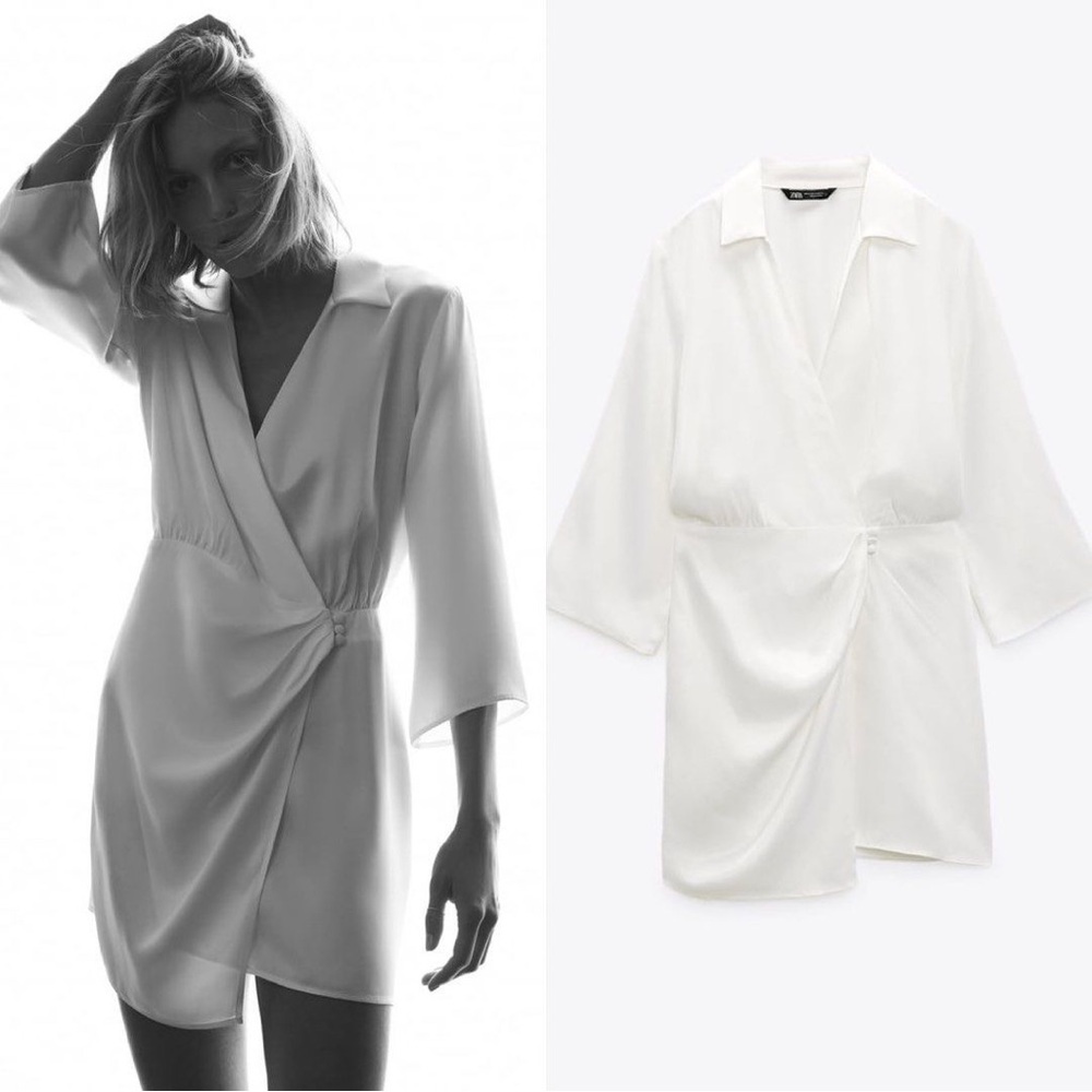 Zara Asymmetrical Half Sleeve Bridal Mini Button Collared White Wrap Dress
